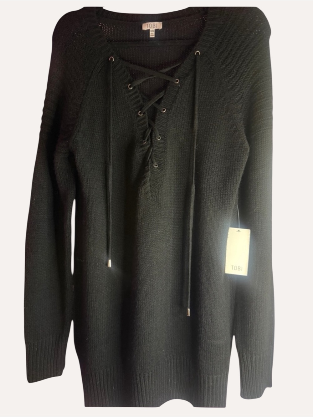 Tobi Black Lace-Up V-Neck Knit Sweater Dress Size M